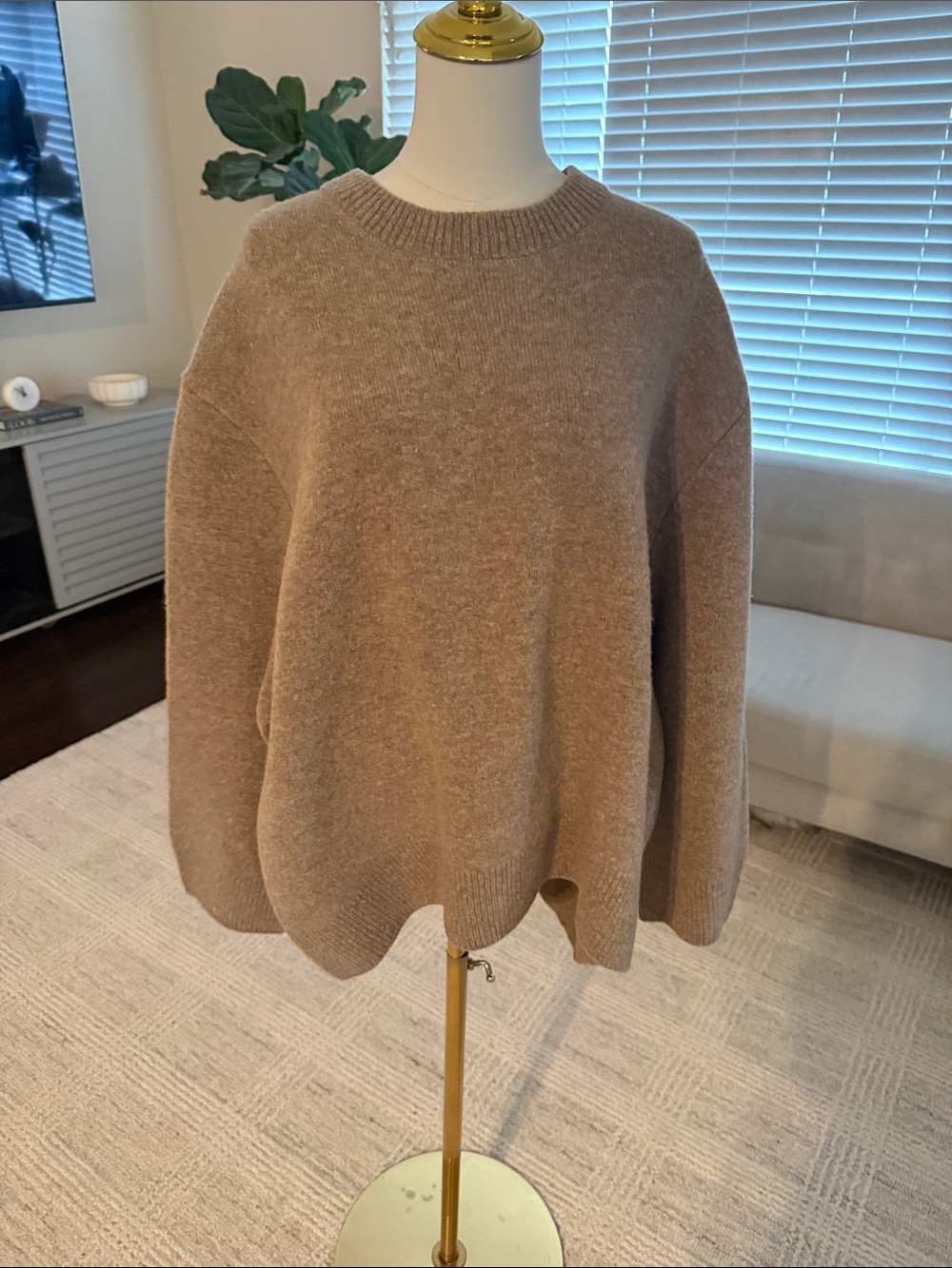 Zara Wool Women's Scoop Crewneck Sweater in Taupe Brown